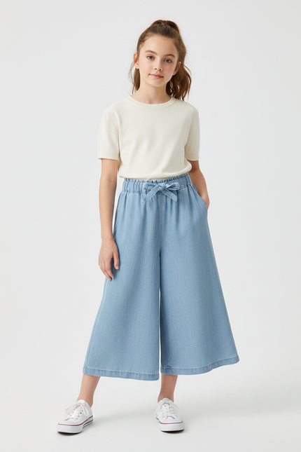 Pantalon Fluide Denim Bleu Ample Cordon Fille - Jean