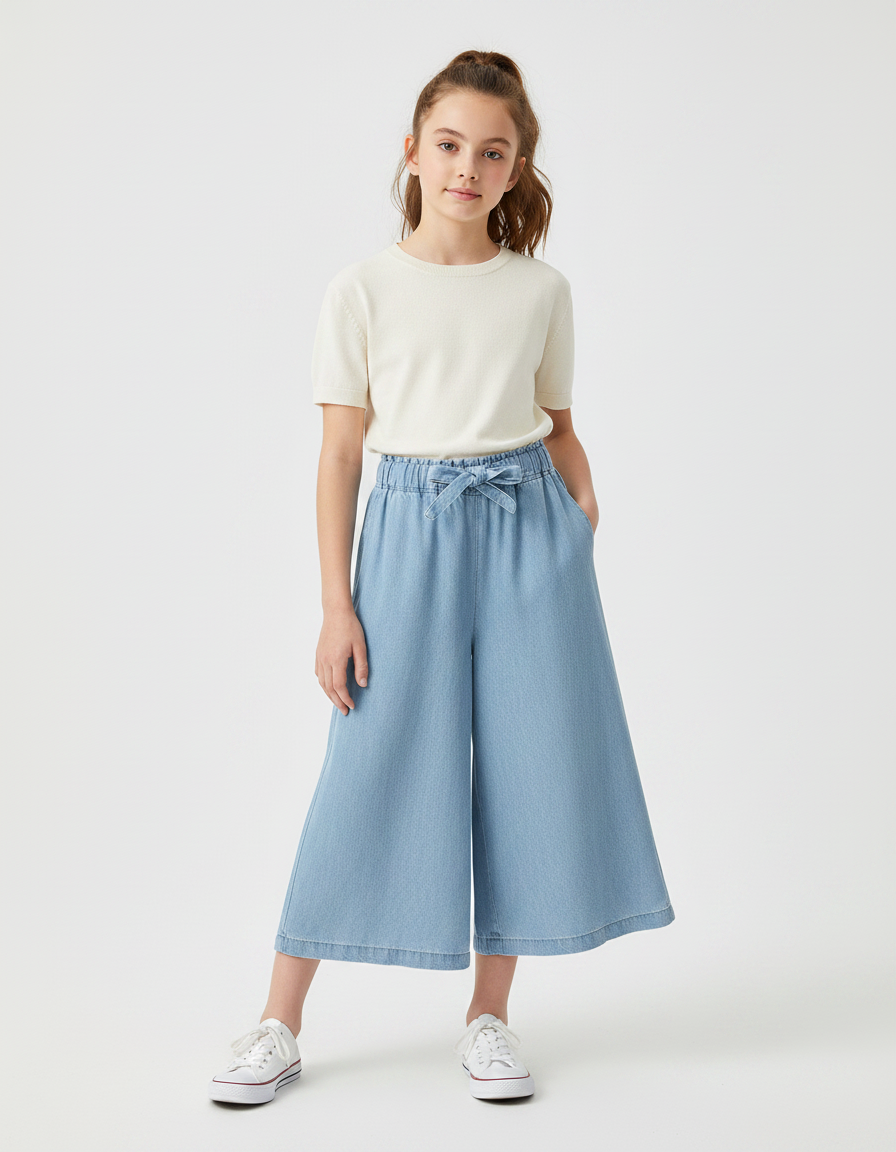 Pantalon Fluide Denim Bleu Ample Cordon Fille - Jean