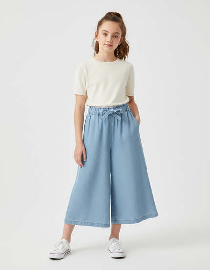 Pantalon Fluide Denim Bleu Ample Cordon Fille - Jean