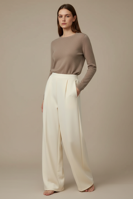 Pantalon Fluide Crème Ample Taille Haute Élégant Femme - Beige Polyester