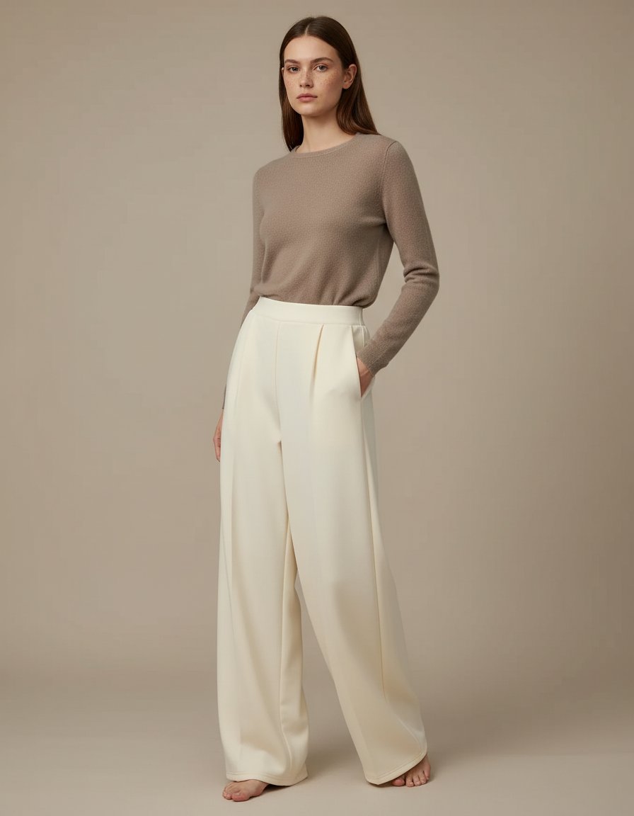 Pantalon Fluide Crème Ample Taille Haute Élégant Femme - Beige Polyester
