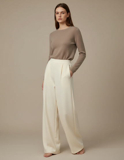 Pantalon Fluide Crème Ample Taille Haute Élégant Femme - Beige Polyester