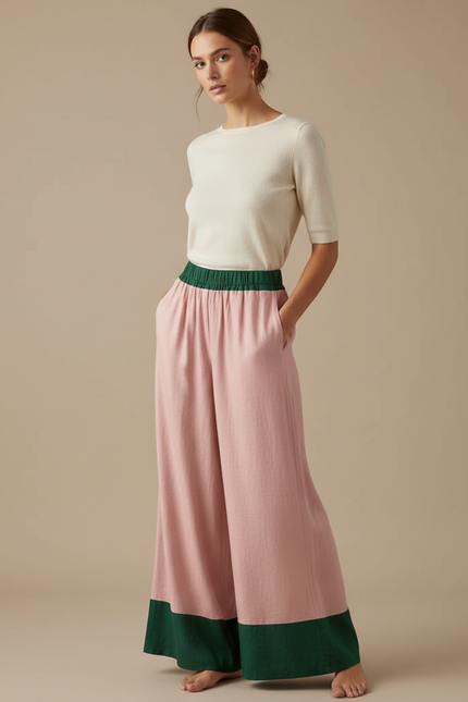 Pantalon Fluide Rose Vert Ample Décontracté Estival - Lin