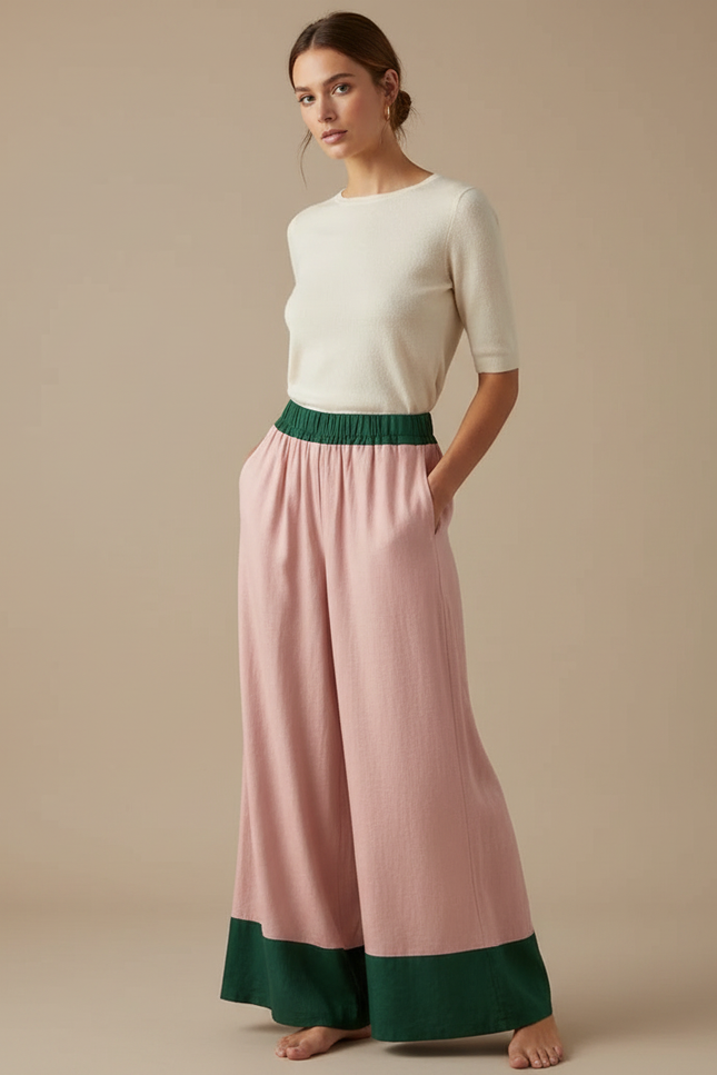Pantalon Fluide Rose Vert Ample Décontracté Estival - Lin
