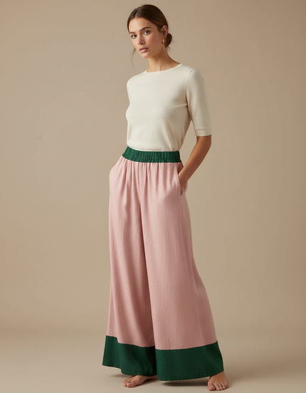 Pantalon Fluide Rose Vert Ample Décontracté Estival - Lin