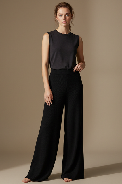 Pantalon Fluide Noir Ample Maille Côtelée Élégant