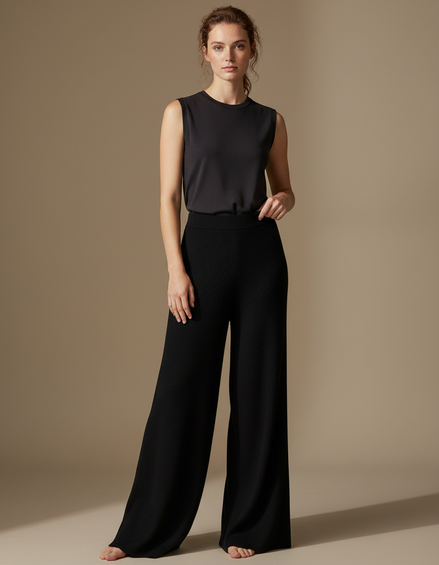 Pantalon Fluide Noir Ample Maille Côtelée Élégant