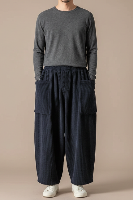 Pantalon Fluide Côtelé Ample Bleu Marine Homme - Cordé