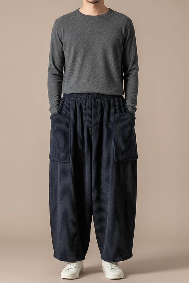 Pantalon Fluide Côtelé Ample Bleu Marine Homme - Cordé