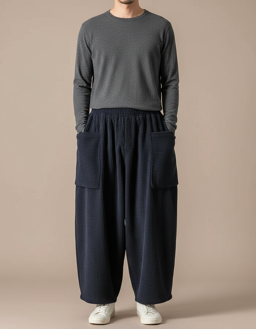 Pantalon Fluide Côtelé Ample Bleu Marine Homme - Cordé
