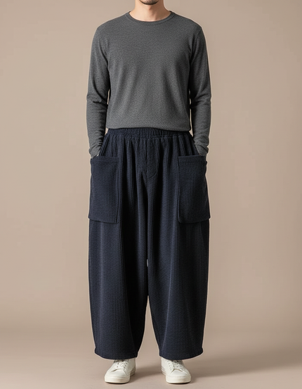 Pantalon Fluide Côtelé Ample Bleu Marine Homme - Cordé