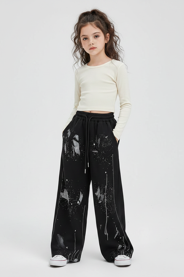 Pantalon Fluide Noir Ample Peinture Éclaboussures Décontracté - Molleton