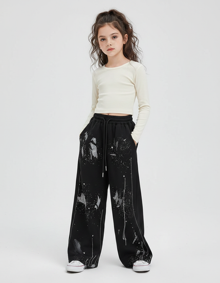 Pantalon Fluide Noir Ample Peinture Éclaboussures Décontracté - Molleton