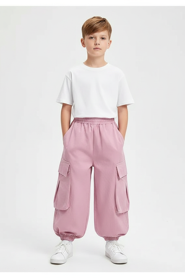 Pantalon Fluide Rose Cargo Ample Enfant Streetwear - Molleton
