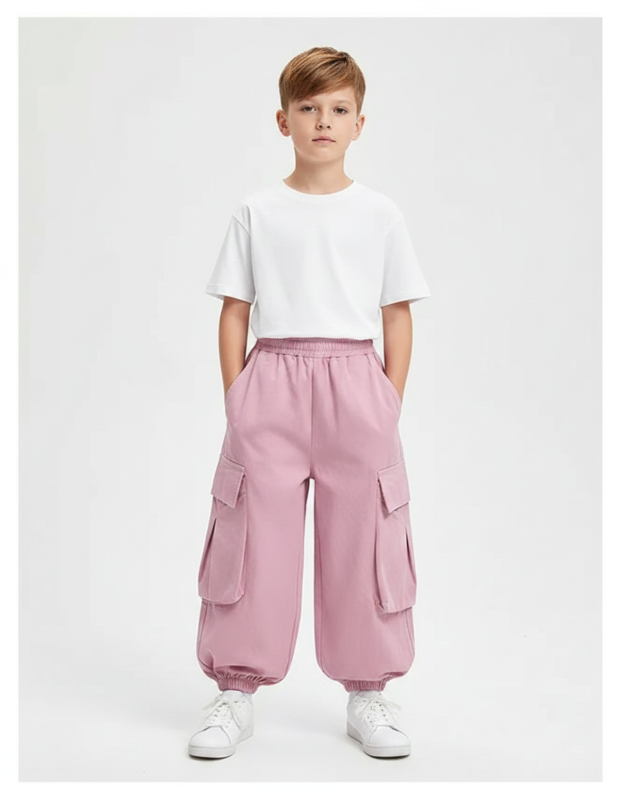 Pantalon Fluide Rose Cargo Ample Enfant Streetwear - Molleton