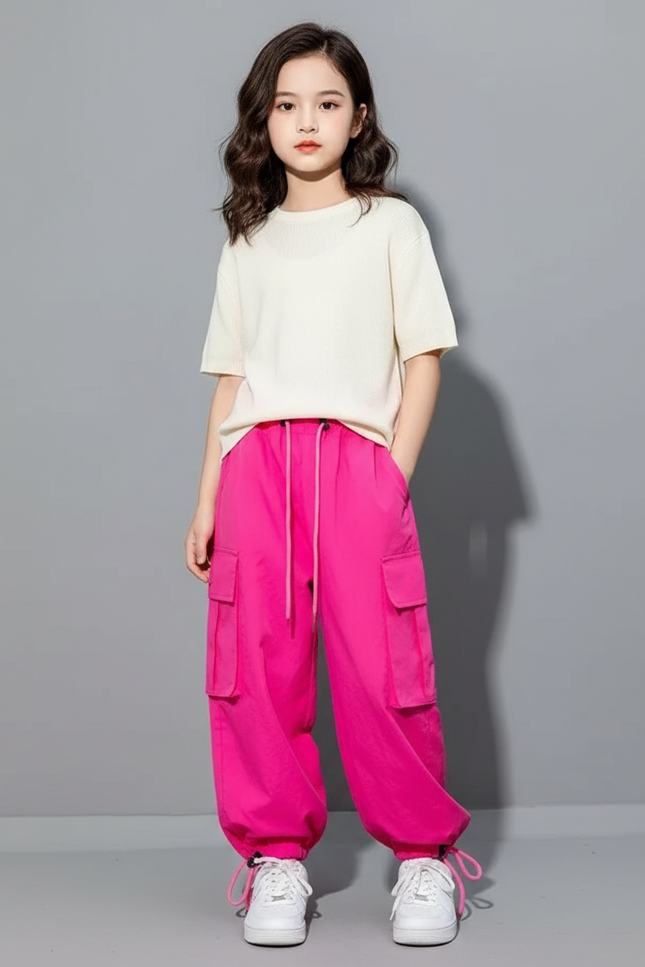 Pantalon Fluide Cargo Fushia Ample Streetwear Fille - Rose Polyester