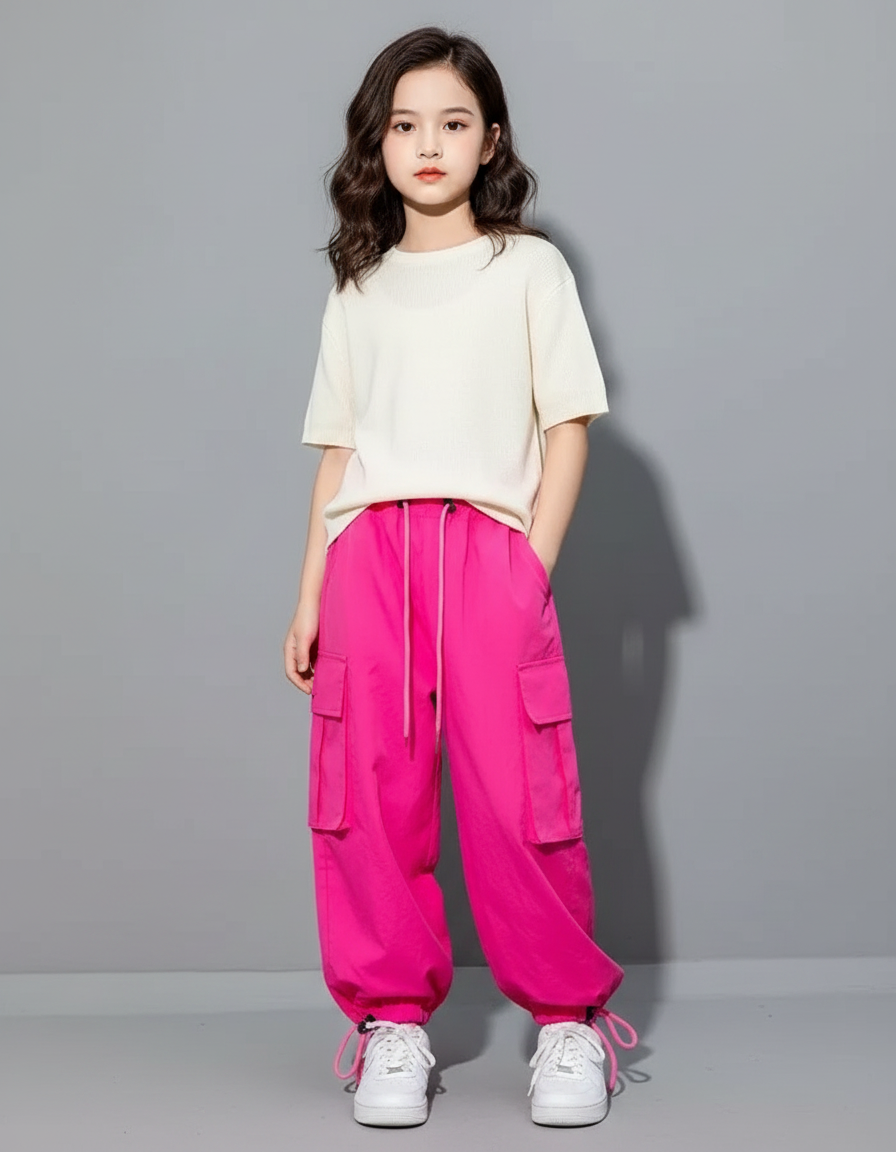 Pantalon Fluide Cargo Fushia Ample Streetwear Fille - Rose Polyester