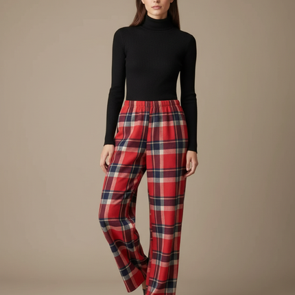Pantalon Fluide Carreaux Rouges Ample Décontracté Femme - Laine