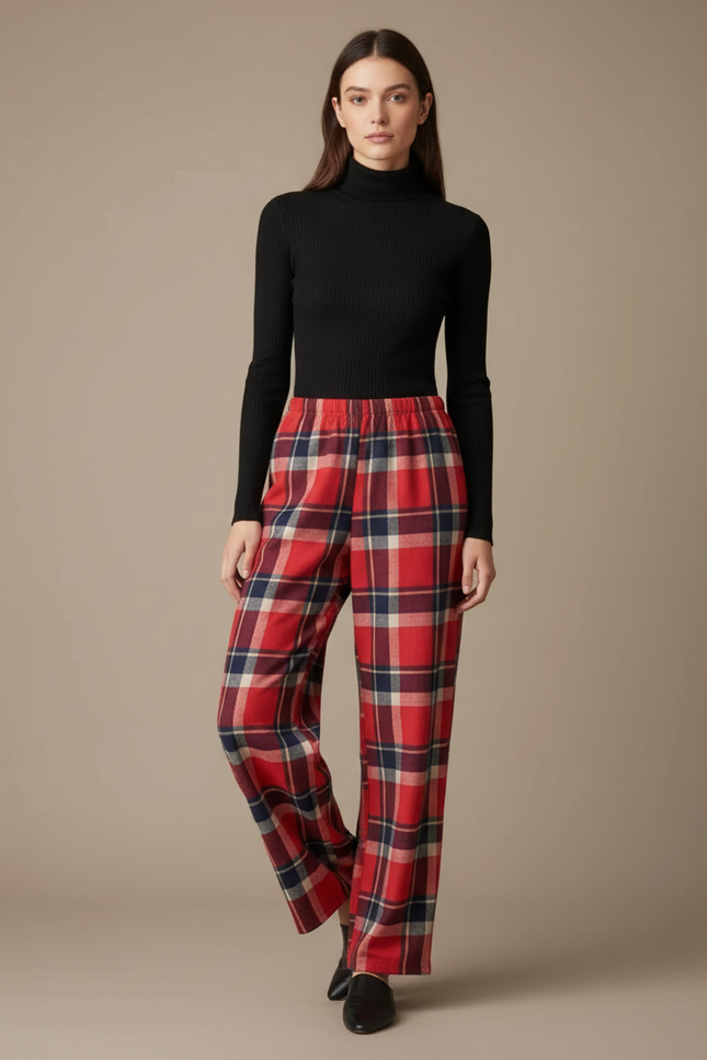 Pantalon Fluide Carreaux Rouges Ample Décontracté Femme - Laine