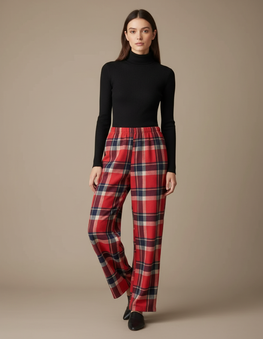 Pantalon Fluide Carreaux Rouges Ample Décontracté Femme - Laine