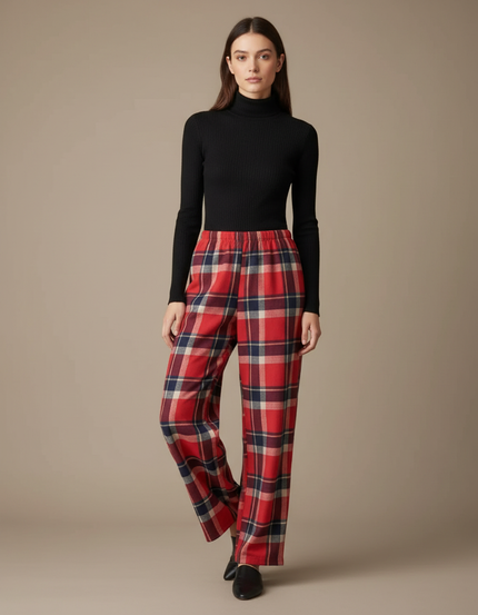 Pantalon Fluide Carreaux Rouges Ample Décontracté Femme - Laine