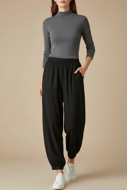 Pantalon Fluide Noir Ample Taille Élastique Cheville Resserrée - Viscose