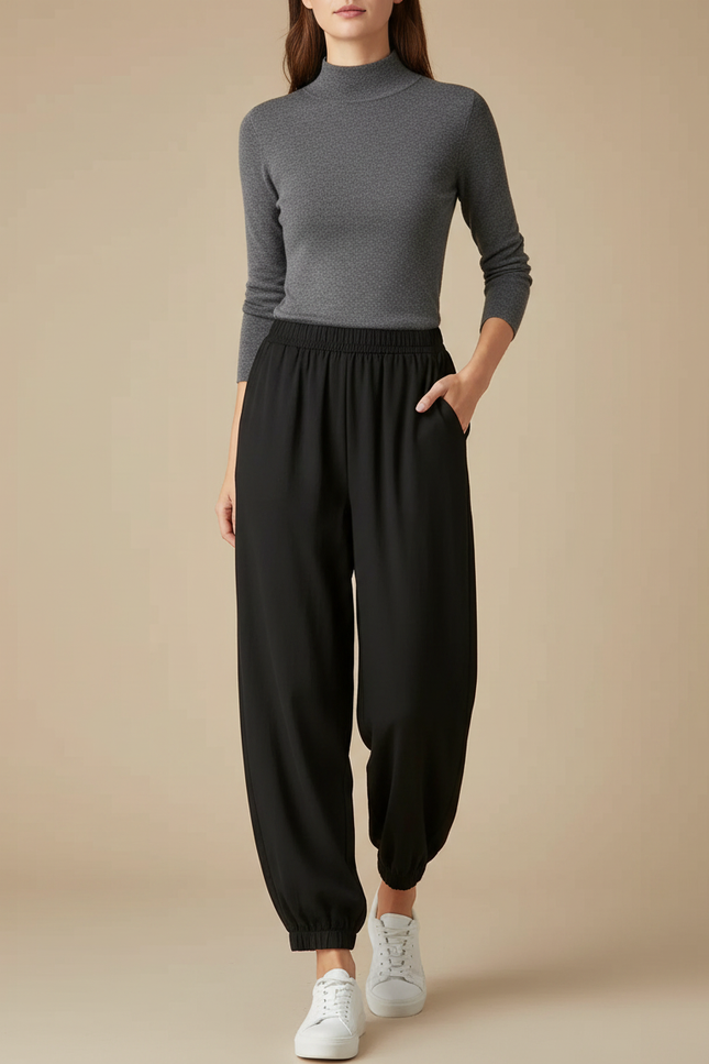 Pantalon Fluide Noir Ample Taille Élastique Cheville Resserrée - Viscose