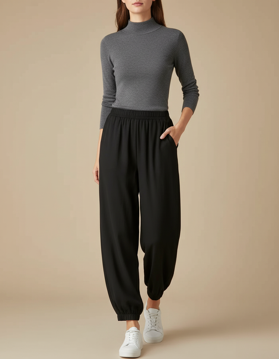 Pantalon Fluide Noir Ample Taille Élastique Cheville Resserrée - Viscose