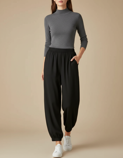 Pantalon Fluide Noir Ample Taille Élastique Cheville Resserrée - Viscose