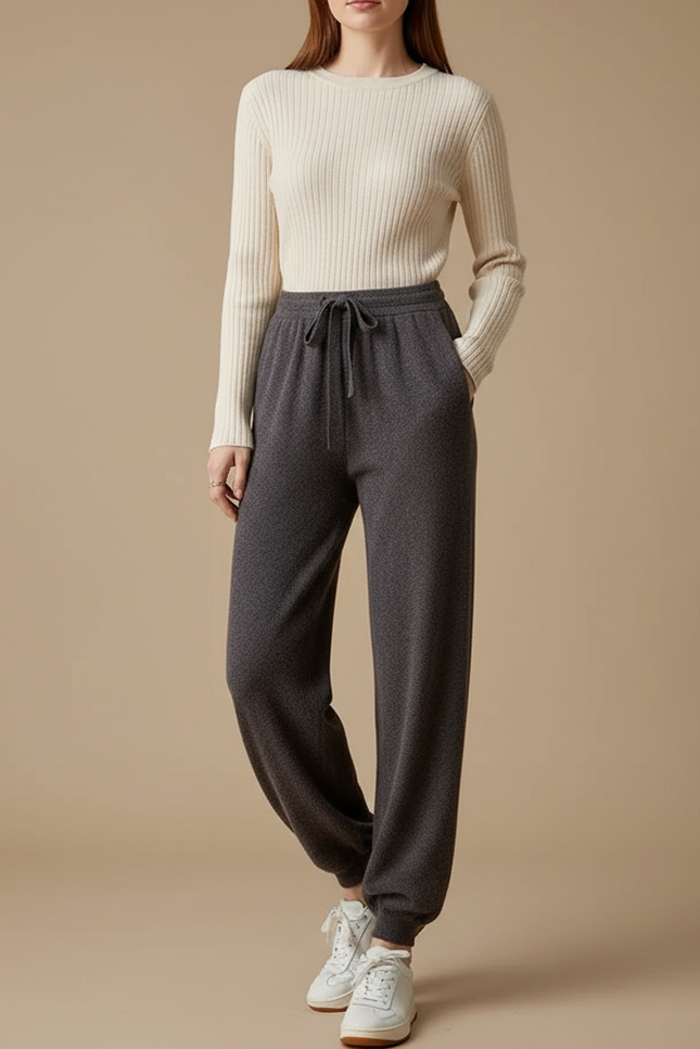 Pantalon Fluide Gris Maille Confortable Décontracté Femme