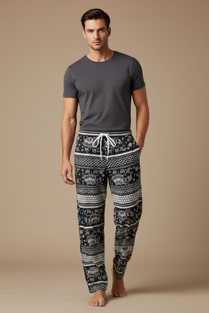 Pantalon Fluide Noir Ample Éléphant Thaïlandais Homme - Imprimé Viscose