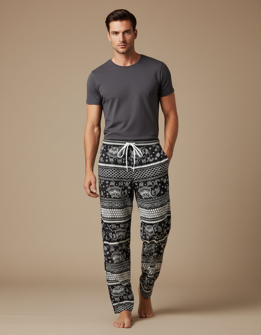Pantalon Fluide Noir Ample Éléphant Thaïlandais Homme - Imprimé Viscose