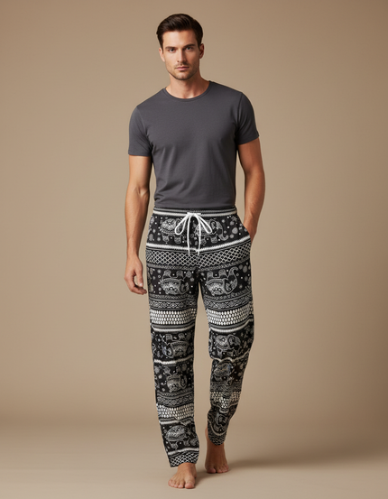 Pantalon Fluide Noir Ample Éléphant Thaïlandais Homme - Imprimé Viscose