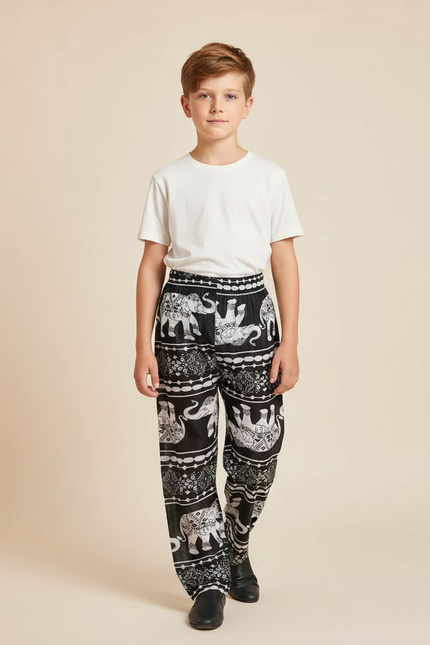 Pantalon Fluide Noir Imprimé Éléphants Ample Coton