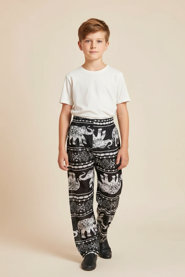 Pantalon Fluide Noir Imprimé Éléphants Ample Coton