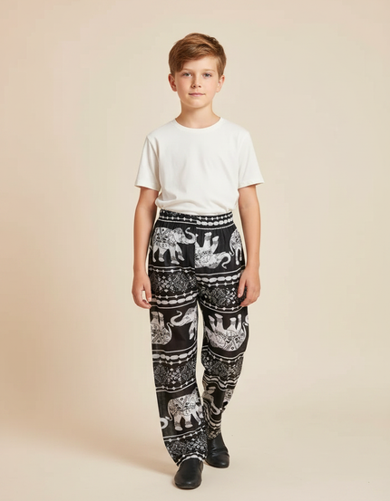 Pantalon Fluide Noir Imprimé Éléphants Ample Coton