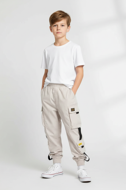 Pantalon Fluide Cargo Beige Multi-Poches Garçon - Toile