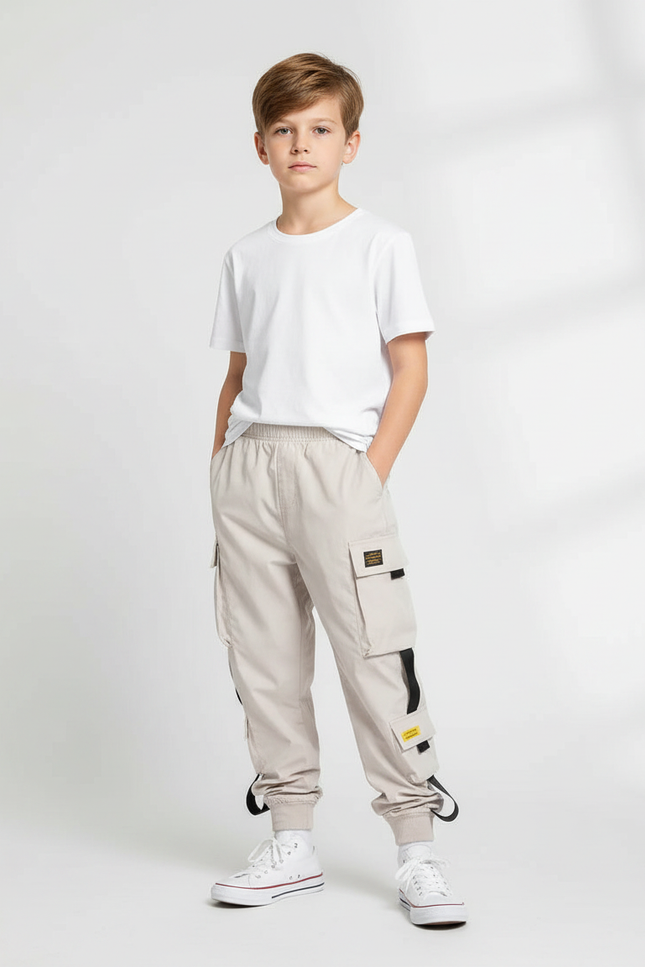 Pantalon Fluide Cargo Beige Multi-Poches Garçon - Toile