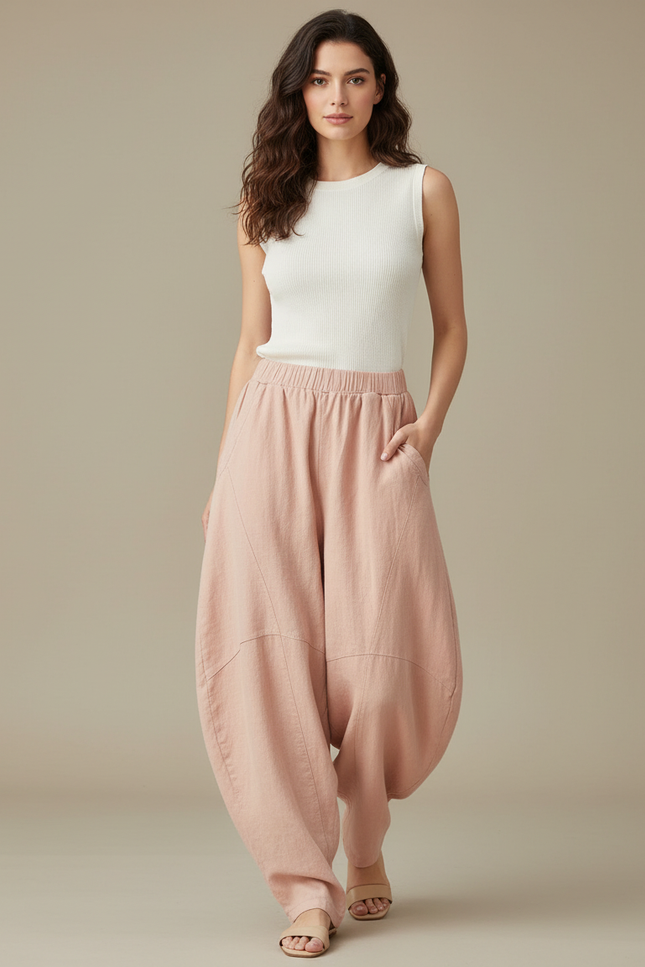 Pantalon Fluide Rose Ample Lin Confortable Harem