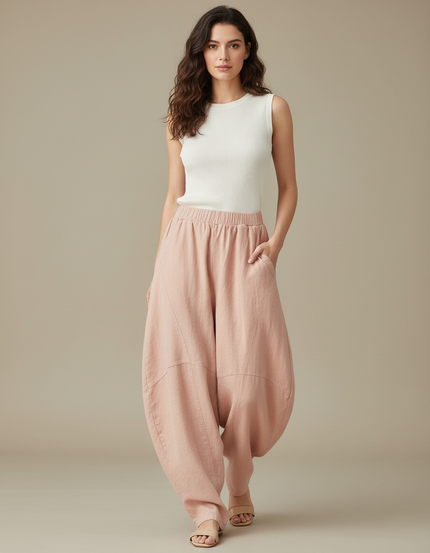 Pantalon Fluide Rose Ample Lin Confortable Harem