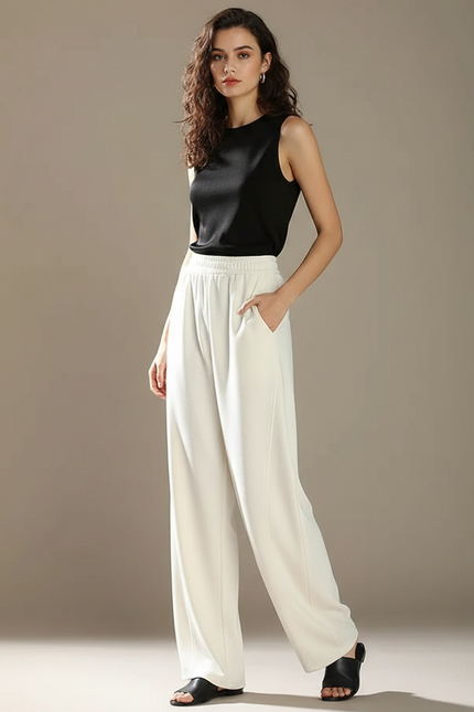Pantalon Fluide Blanc Ample Taille Haute Élégant Femme - Viscose