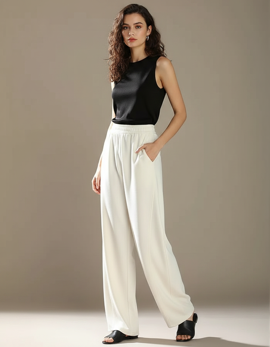 Pantalon Fluide Blanc Ample Taille Haute Élégant Femme - Viscose