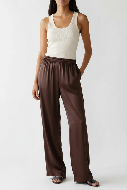 Pantalon Fluide Marron Satiné Ample Décontracté Élégant
