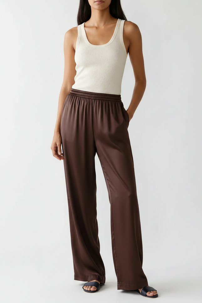 Pantalon Fluide Marron Satiné Ample Décontracté Élégant
