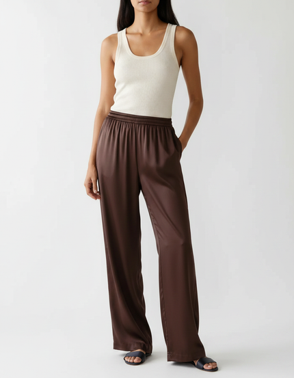 Pantalon Fluide Marron Satiné Ample Décontracté Élégant