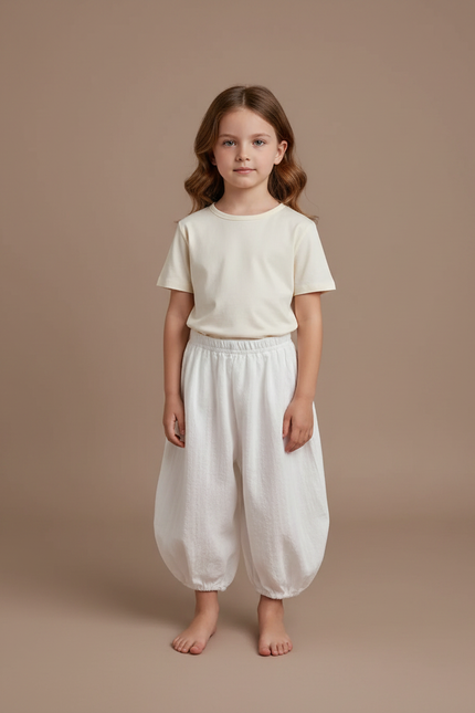Pantalon Fluide Blanc Ample Coton Resserré Enfant - Lin