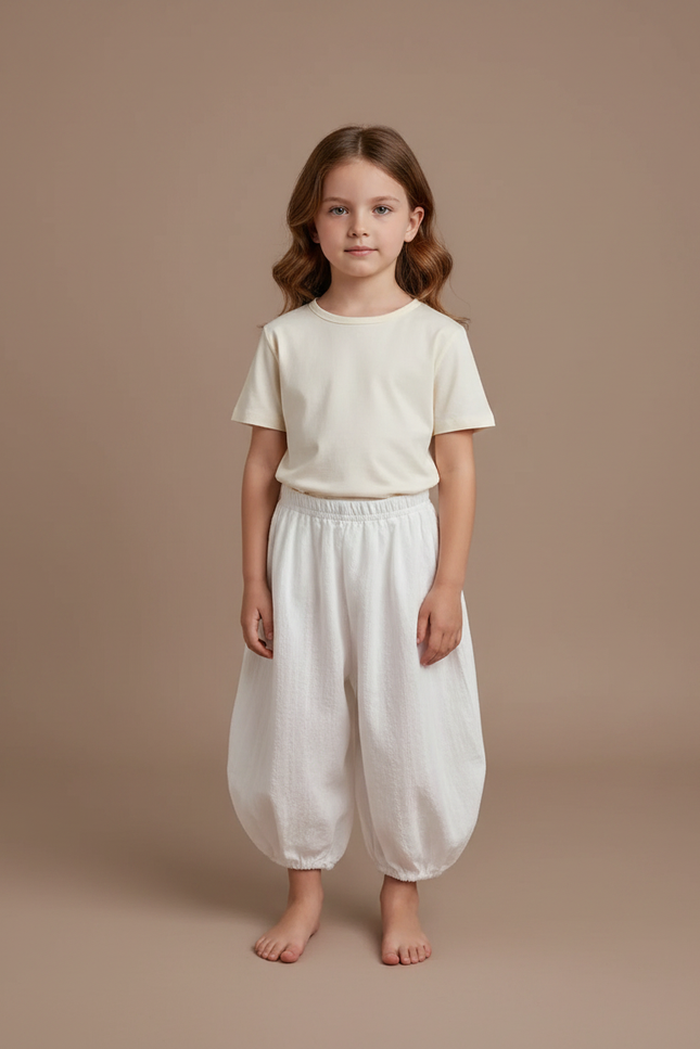 Pantalon Fluide Blanc Ample Coton Resserré Enfant - Lin