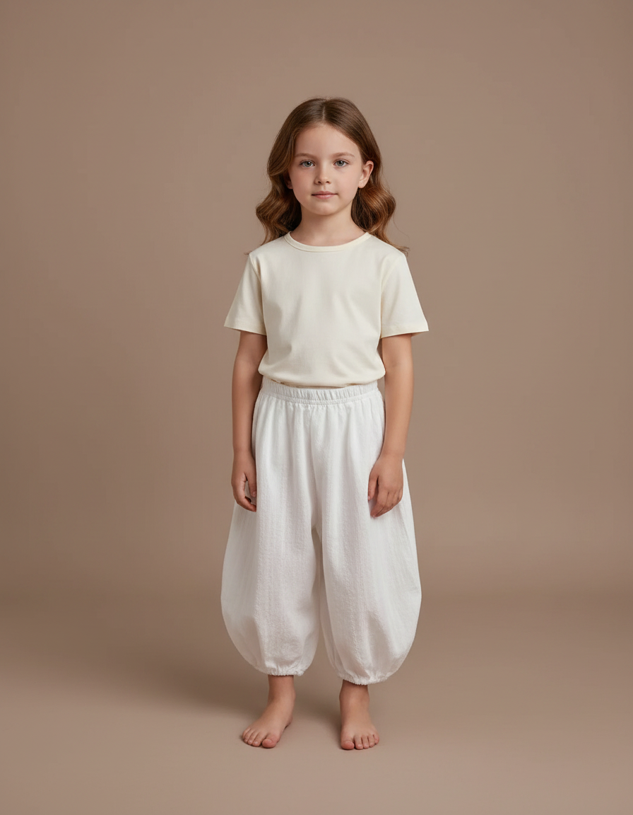 Pantalon Fluide Blanc Ample Coton Resserré Enfant - Lin