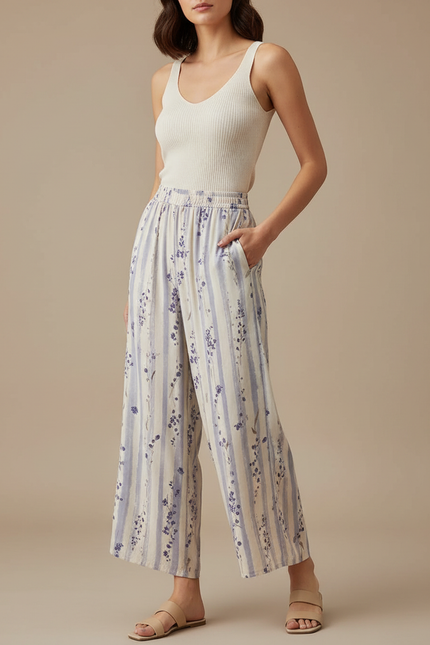 Pantalon Fluide Rayé Floral Ample Léger Estival - Imprimé Viscose