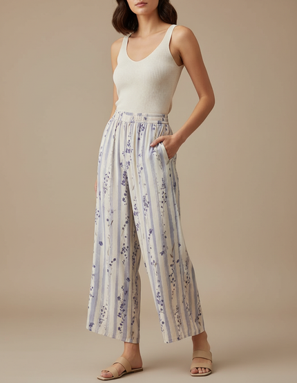 Pantalon Fluide Rayé Floral Ample Léger Estival - Imprimé Viscose